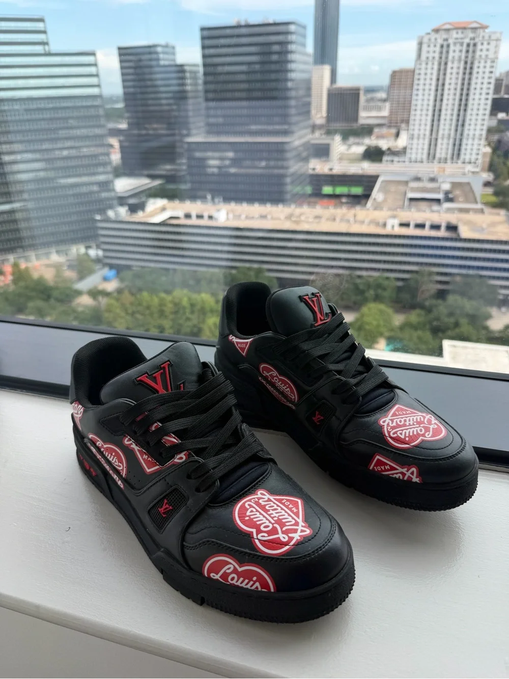 Louis Vuitton Black Leather Sneakers with Red Logo Accents